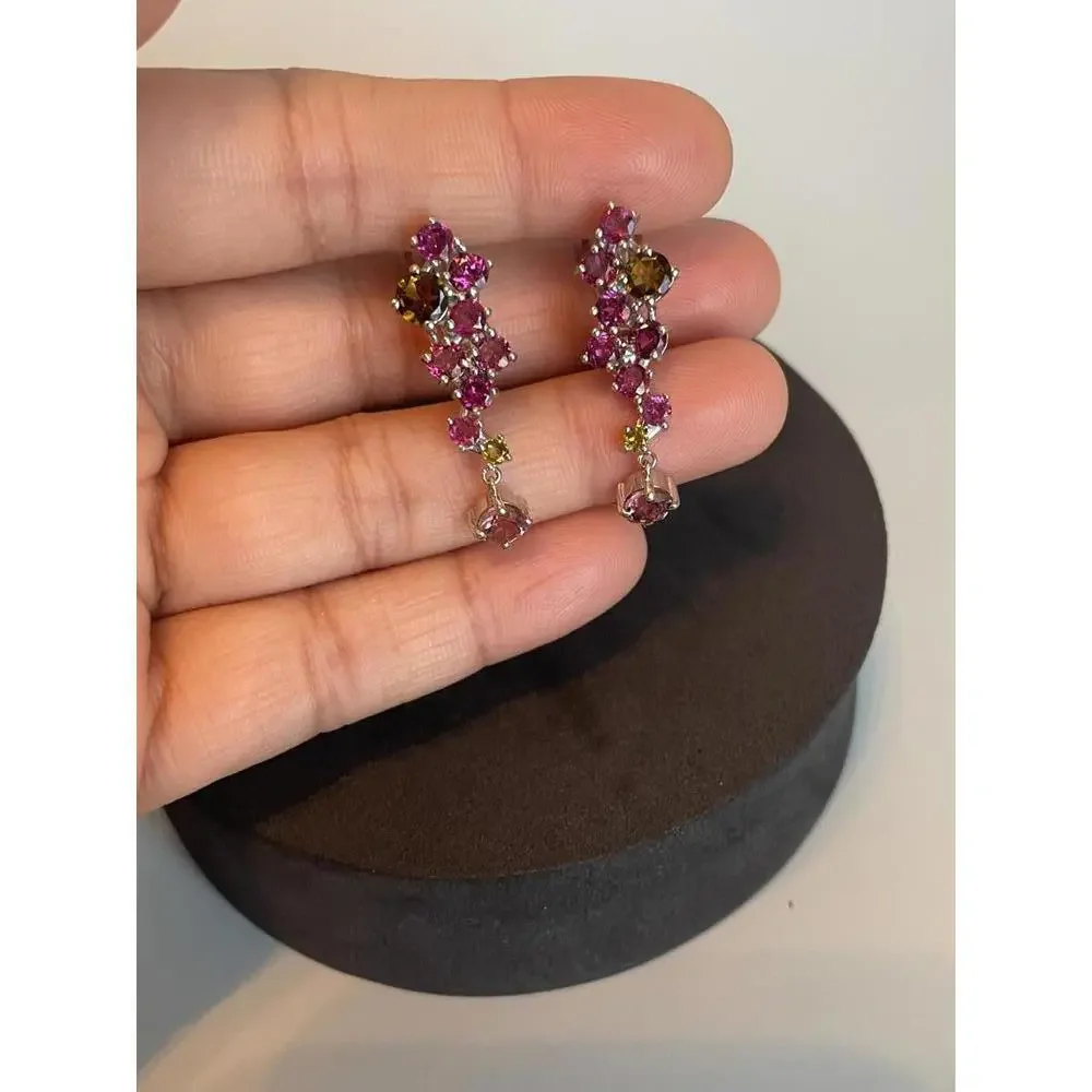 SOLD 925 Sterling Silver Earrings Round Tourmaline Rhodolite Garnet Gemstone - Picture 2 of 8